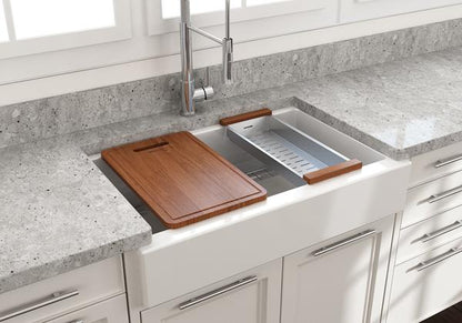 Bocchi - Nuova Pro Short Apron Front Dual-Mount Fireclay 34 in. Single Bowl Kitchen Sink with Protective Bottom Grid and Strainer