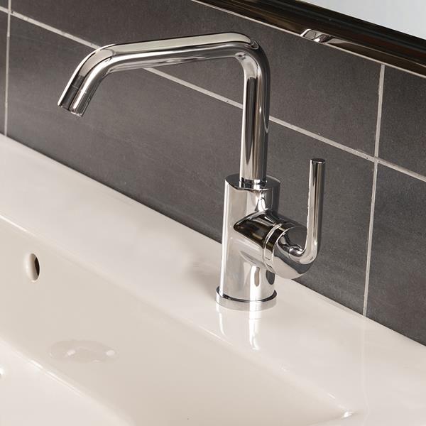 Lacava - Cigno Deck-Mount Single-Hole Faucet With A Squared-Gooseneck Swiveling Spout, One Curved Lever Handle, And A Pop-Up Drain