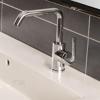 Lacava - Cigno Deck-Mount Single-Hole Faucet With A Squared-Gooseneck Swiveling Spout, One Curved Lever Handle, And A Pop-Up Drain