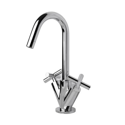 Lacava - Cigno Deck-Mount Single-Hole Faucet With A Goose-Neck Swiveling Spout, Two Cross Handles, And A Pop-Up Drain