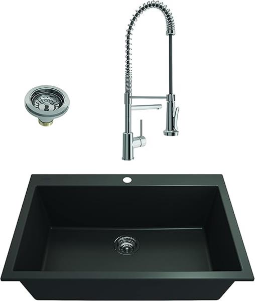 Bocchi - Kit: 1604 Campino Uno Dual Mount Granite Composite 33 in. Single Bowl Kitchen Sink & Strainer w/ Maggiore 2.0 Faucet
