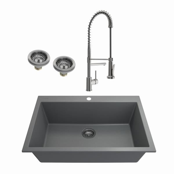 Bocchi - Kit: 1604 Campino Uno Dual Mount Granite Composite 33 in. Single Bowl Kitchen Sink & Strainer w/ Maggiore 2.0 Faucet
