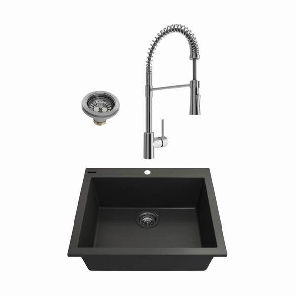 Bocchi - Kit: 1606 Campino Uno Dual Mount Granite Composite 24 in. Single Bowl Kitchen Sink & Strainer w/ Livenza 2.0 Faucet