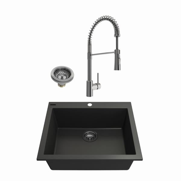 Bocchi - Kit: 1606 Campino Uno Dual Mount Granite Composite 24 in. Single Bowl Kitchen Sink & Strainer w/ Livenza 2.0 Faucet