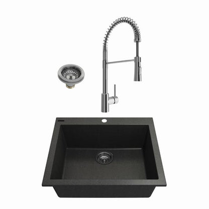Bocchi - Kit: 1606 Campino Uno Dual Mount Granite Composite 24 in. Single Bowl Kitchen Sink & Strainer w/ Livenza 2.0 Faucet