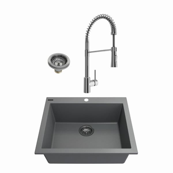 Bocchi - Kit: 1606 Campino Uno Dual Mount Granite Composite 24 in. Single Bowl Kitchen Sink & Strainer w/ Livenza 2.0 Faucet