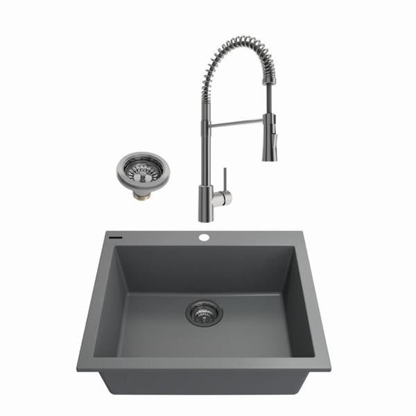 Bocchi - Kit: 1606 Campino Uno Dual Mount Granite Composite 24 in. Single Bowl Kitchen Sink & Strainer w/ Livenza 2.0 Faucet