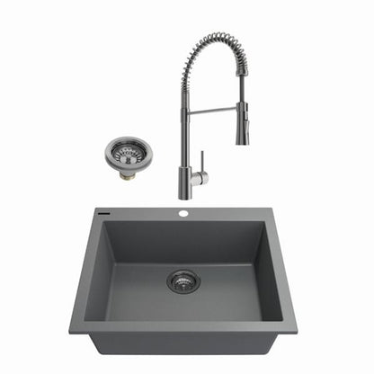 Bocchi - Kit: 1606 Campino Uno Dual Mount Granite Composite 24 in. Single Bowl Kitchen Sink & Strainer w/ Livenza 2.0 Faucet