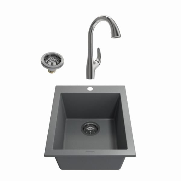 Bocchi - Kit: 1608 Campino Uno Dual Mount Granite Composite 16 in. Single Bowl Bar Sink & Strainer w/ Pagano 2.0 Faucet