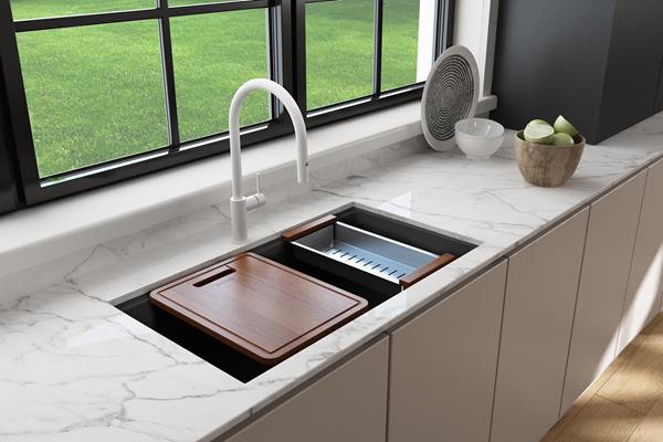 Bocchi - Baveno Lux Dual-Mount 34 in. Single Bowl Granite Composite Kitchen Sink with Integrated Workstation and Accessories with Covers