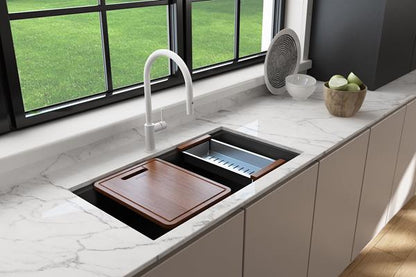 Bocchi - Baveno Lux Dual-Mount 34 in. Single Bowl Granite Composite Kitchen Sink with Integrated Workstation and Accessories with Covers