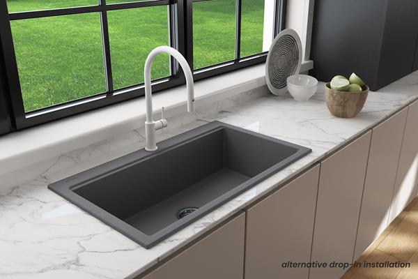 Bocchi - Baveno Lux Dual-Mount 34 in. Single Bowl Granite Composite Kitchen Sink with Integrated Workstation and Accessories