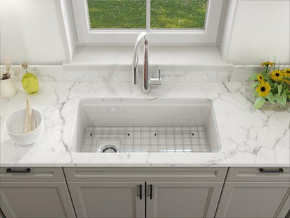 Bocchi - Sotto Step-Rim Tri-mount Fireclay 34 in. Single Bowl Kitchen Sink integrated Workstation & Accessories with Protective Bottom Grid and Strainer