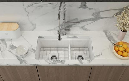 Bocchi - Sotto Step-Rim Tri-mount Fireclay 34D in. 60/40 Double Bowl Kitchen Sink integrated Workstation & Accessories with Protective Bottom Grids and Strainers