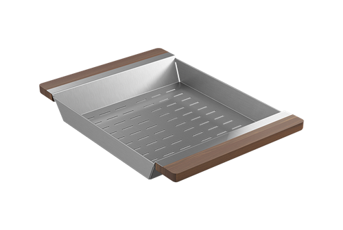 Julien - Colander for Fira sink w/ledge, walnut handles, 12X17-1/4X2-1/4