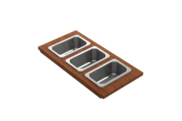 Bocchi - Wood Board with 3 Rectangular Stainless Steel Bowls F/1344, 1348, 1360, 1362, 1504, 1505, 1506 (short side only), 1627, 1628