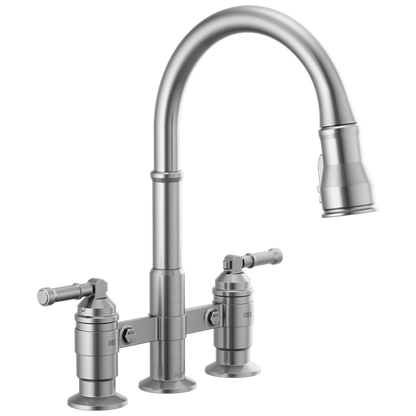 Delta - Broderick Two Handle Pull-Down Bridge Kitchen Faucet