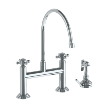 Watermark - Stratford Deck Mounted Bridge Extended Gooseneck Kitchen Faucet with Independent Side Spray