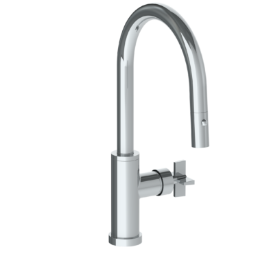 Watermark - Blue Deck Mounted 1 Hole Gooseneck Kitchen Faucet with Pull Down Spray - Low Spout