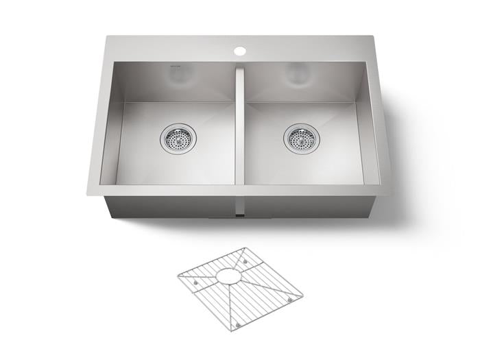 Kohler - Vault 33 Inch Top-/Undermount Double-Bowl Kitchen Sink - Single Hole