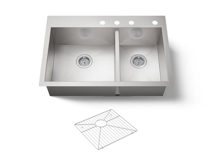 Kohler - Vault Offset 33 Inch Top-/Undermount Double-Bowl Kitchen Sink - 4-Hole