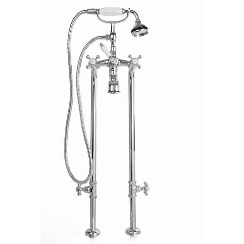 Cheviot - Extra Tall Free Standing Tub Filler W/ Hand Shower & Stop Valves - Ceramic Accents