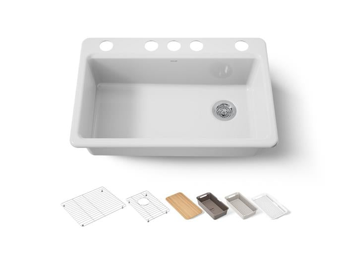 Kohler - Riverby 33 Inch Undermount Single-Bowl Workstation Kitchen Sink - 5 Hole