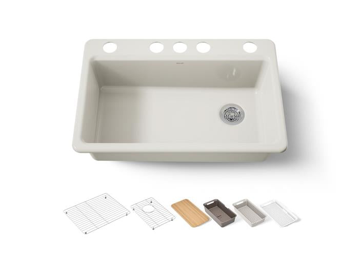 Kohler - Riverby 33 Inch Undermount Single-Bowl Workstation Kitchen Sink - 5 Hole