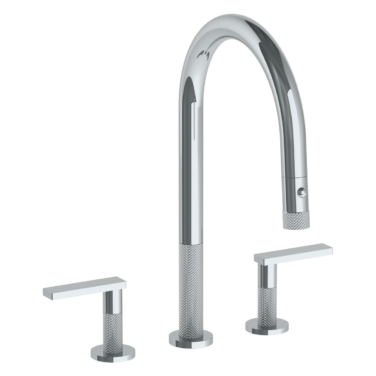 Watermark -Rainey Deck Mounted 3 Hole Gooseneck Kitchen Faucet with Pull Down Spray