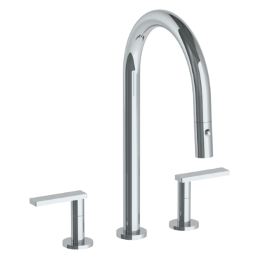 Watermark -Rainey Deck Mounted 3 Hole Gooseneck Kitchen Faucet with Pull Down Spray