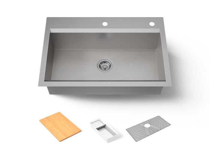 Kohler - Task 33 Inch Top-/Undermount Single-Bowl Workstation Kitchen Sink With Accessories
