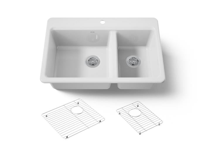 Kohler - Riverby 33 Inch Top-Mount Offset Double-Bowl Workstation Kitchen Sink With Accessories - Single Hole