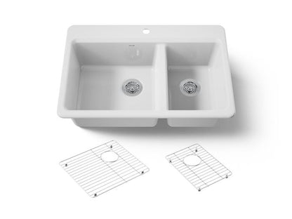Kohler - Riverby 33 Inch Top-Mount Offset Double-Bowl Workstation Kitchen Sink With Accessories - Single Hole