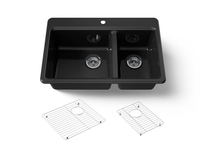 Kohler - Riverby 33 Inch Top-Mount Offset Double-Bowl Workstation Kitchen Sink With Accessories - Single Hole