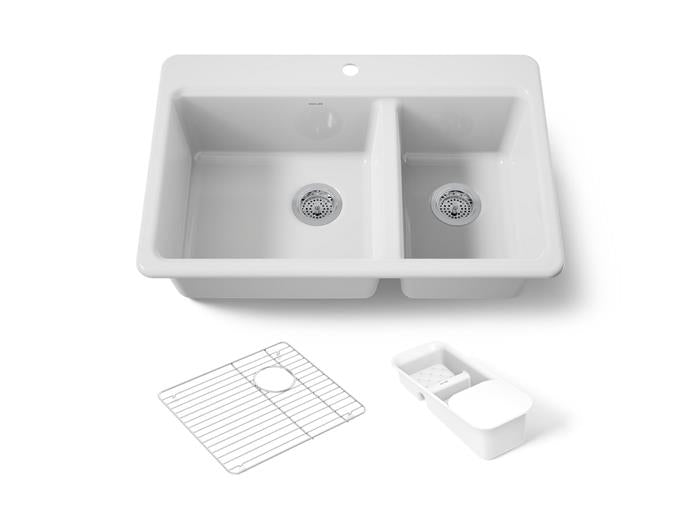 Kohler - Riverby 33 Inch Top-Mount Offset Double-Bowl Workstation Kitchen Sink With Accessories - Single Hole