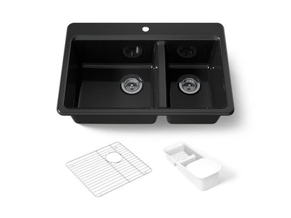 Kohler - Riverby 33 Inch Top-Mount Offset Double-Bowl Workstation Kitchen Sink With Accessories - Single Hole