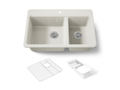 Kohler - Riverby 33 Inch Top-Mount Offset Double-Bowl Workstation Kitchen Sink With Accessories - Single Hole