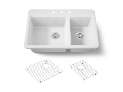 Kohler - Riverby 33 Inch Top-Mount Offset Double-Bowl Workstation Kitchen Sink With Accessories - 3-Hole