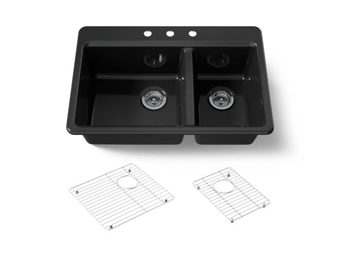 Kohler - Riverby 33 Inch Top-Mount Offset Double-Bowl Workstation Kitchen Sink With Accessories - 3-Hole