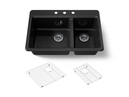 Kohler - Riverby 33 Inch Top-Mount Offset Double-Bowl Workstation Kitchen Sink With Accessories - 3-Hole