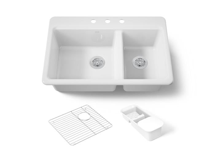 Kohler - Riverby 33 Inch Top-Mount Offset Double-Bowl Workstation Kitchen Sink With Accessories - 3-Hole