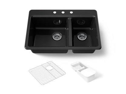 Kohler - Riverby 33 Inch Top-Mount Offset Double-Bowl Workstation Kitchen Sink With Accessories - 3-Hole
