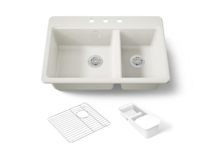 Kohler - Riverby 33 Inch Top-Mount Offset Double-Bowl Workstation Kitchen Sink With Accessories - 3-Hole