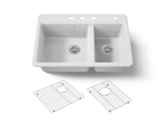 Kohler - Riverby 33 Inch Top-Mount Offset Double-Bowl Workstation Kitchen Sink With Accessories - 4-Hole