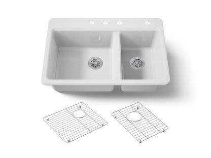 Kohler - Riverby 33 Inch Top-Mount Offset Double-Bowl Workstation Kitchen Sink With Accessories - 4-Hole