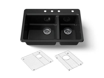 Kohler - Riverby 33 Inch Top-Mount Offset Double-Bowl Workstation Kitchen Sink With Accessories - 4-Hole