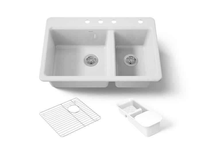 Kohler - Riverby 33 Inch Top-Mount Offset Double-Bowl Workstation Kitchen Sink With Accessories - 4-Hole