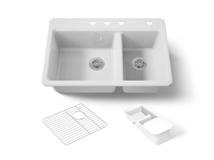 Kohler - Riverby 33 Inch Top-Mount Offset Double-Bowl Workstation Kitchen Sink With Accessories - 4-Hole