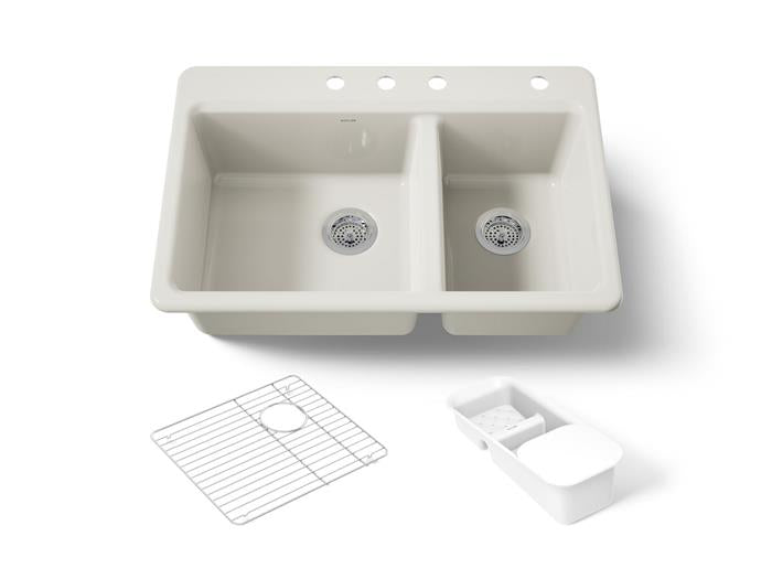 Kohler - Riverby 33 Inch Top-Mount Offset Double-Bowl Workstation Kitchen Sink With Accessories - 4-Hole