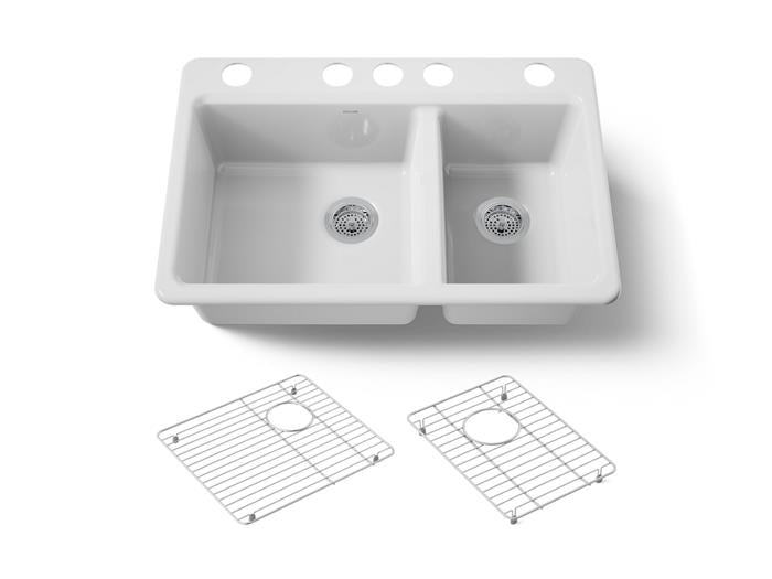 Kohler - Riverby 33 Inch Undermount Offset Double-Bowl Workstation Kitchen Sink With Accessories - 5 Hole